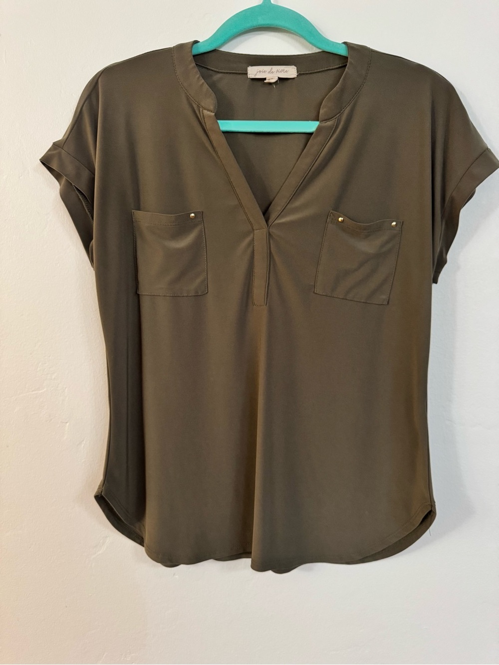 Joie de Vivre Olive Green Studded Pocket Short Sleeve Blouse S